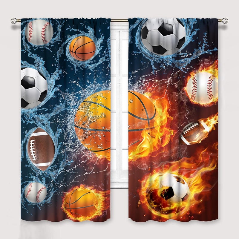 YCness Boys Sports Kids Curtains for Bedroom, Fire Basketball Football Soccer 3D Ball Window Treatments for Living Room,Teen Boys Girls Room Decor Drapes 2 Panel Sets,52x84 Inch - Image 1